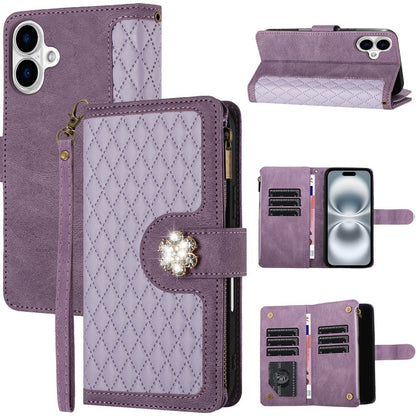 For Apple iPhone 16 (6.1") PU Leather Wallet Design Jewel Bling with Credit Card Holder Flip Folio Pouch Zipper Purse Wrist Strap Case Cover