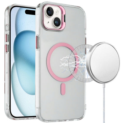 For Apple iPhone 15 Transparent Hybrid Magnetic Circle with Camera Lens Kickstand, Shockproof Slim TPU PC Case Cover