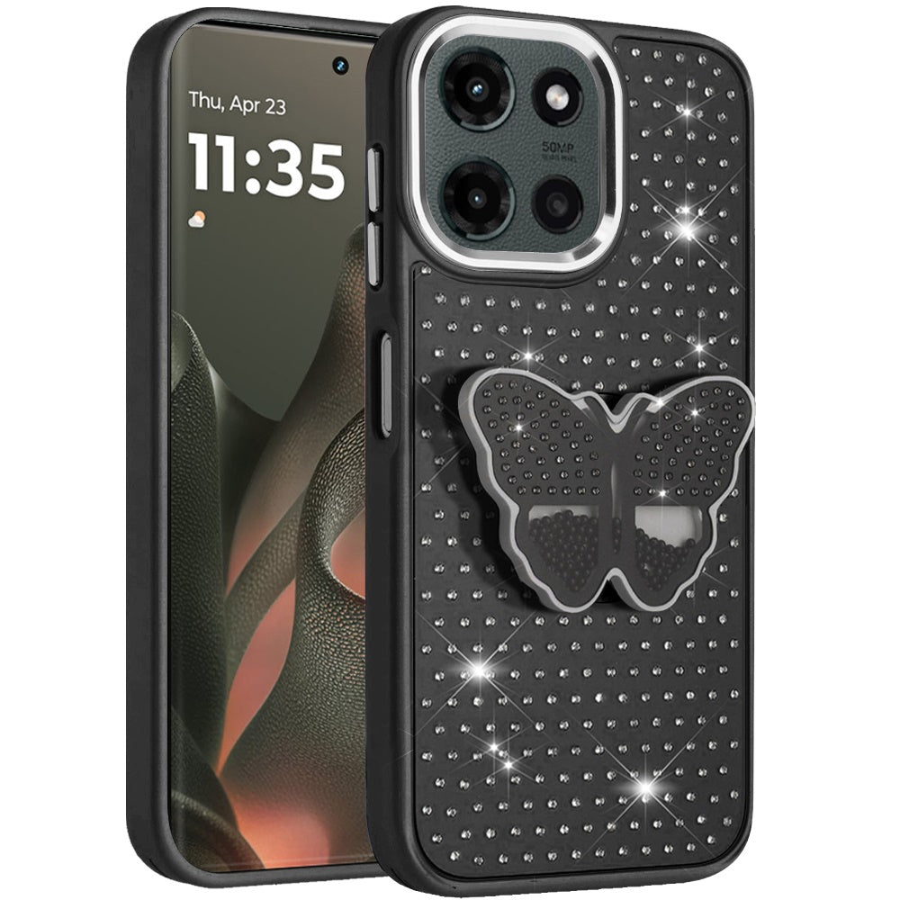 For Motorola Edge 2025 Butterfly Moveable Grip 3D Pop Stand Full Diamond Bling Sparkling TPU Fashion Hybrid Case Cover