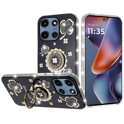 For Motorola Moto G 5G 2026/2025 Diamonds Bling All Around Edges Sparkly Glitter Hybrid with Ring Stand Holder Fashion Good Luck Case Cover Cosmic Orange