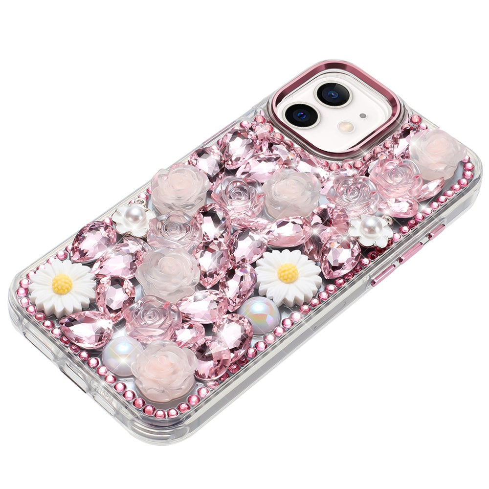 For Apple iPhone 16 (6.1") Fashion Daisy Floral Series, Full 3D Bling Crystal Diamonds Sparkling Rhinestone Glitter Hybrid Design Case Cover Pink