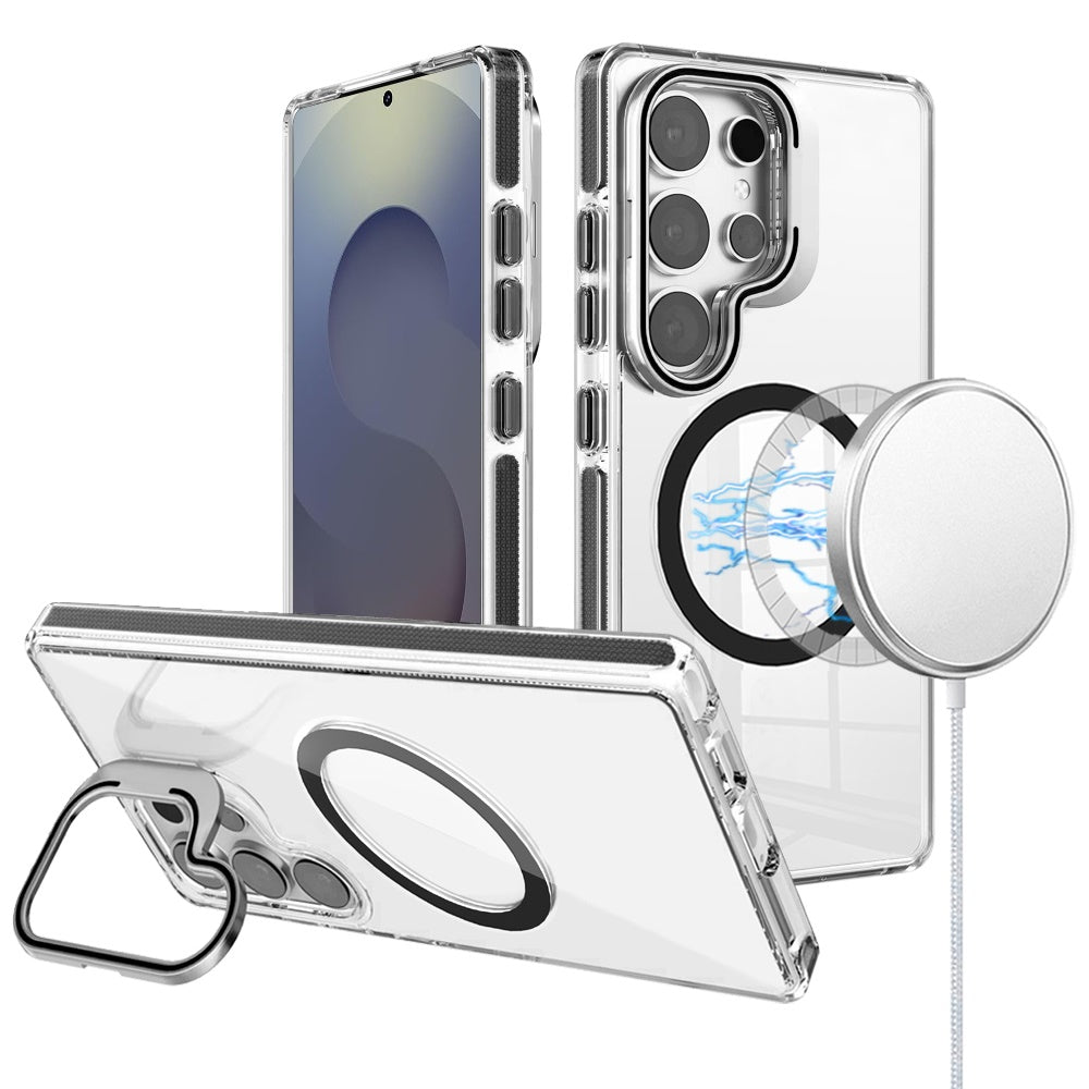 For Samsung Galaxy S26 Built-in Camera Kick-Stand, Compatible with MagSafe, Transparent Colorful Edged Tough Hybrid TPU Case Cover Clear Black