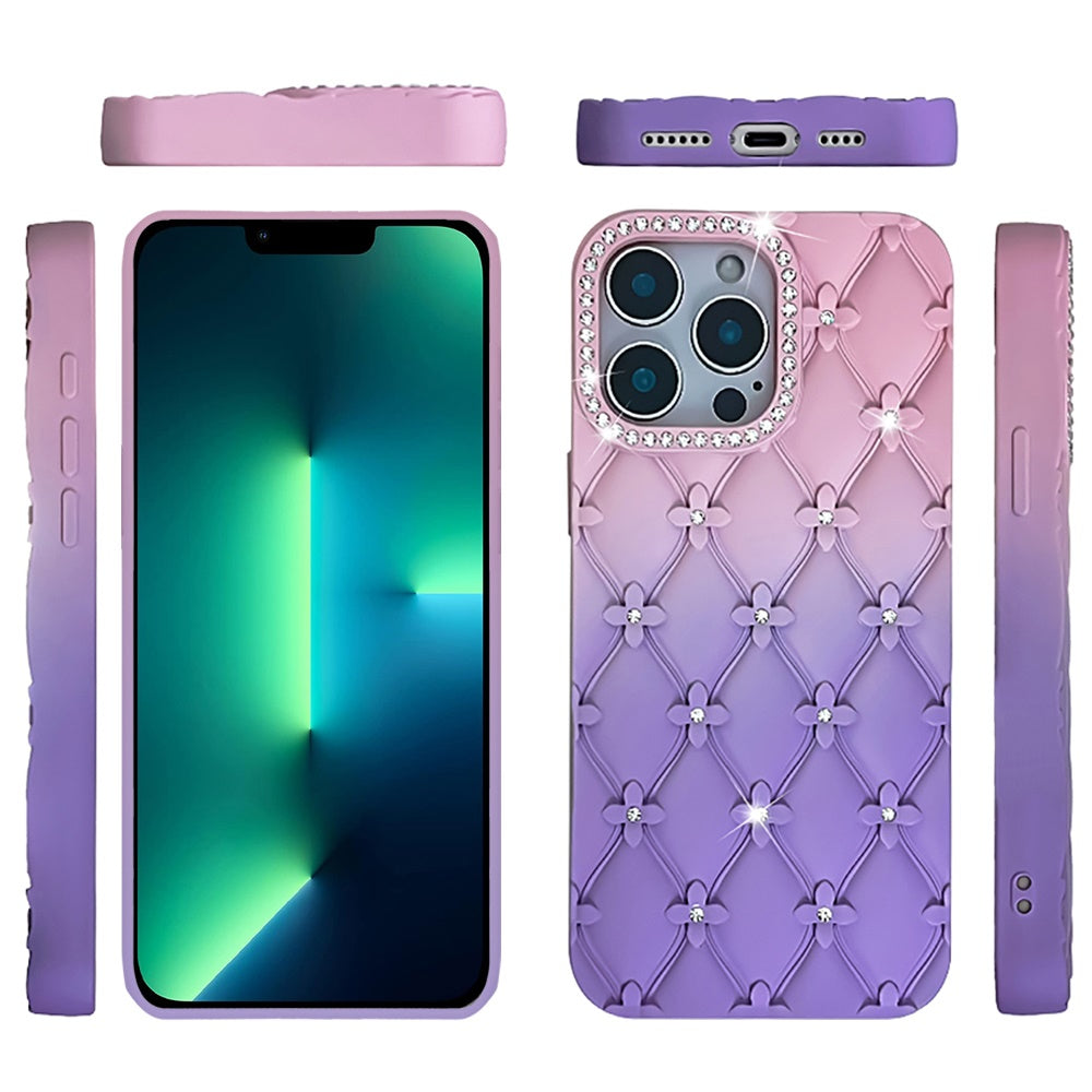 For Apple iPhone 13 Pro Fashion Flower Design Sparkle Glitter Shimmer Rhinestone Bling Floral Accents, Leather Texture TPU Case Cover Dark Blue/Burgundy