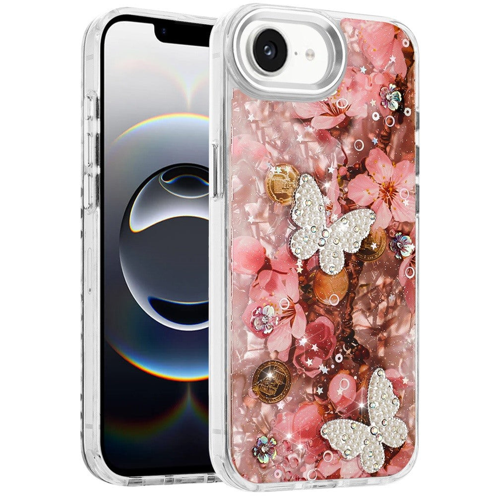 For Apple iPhone 16e Epoxy Glitter Flowers Bling 3D Butterfly Fashion TPU Hybrid with Shockproof Protection Case Cover