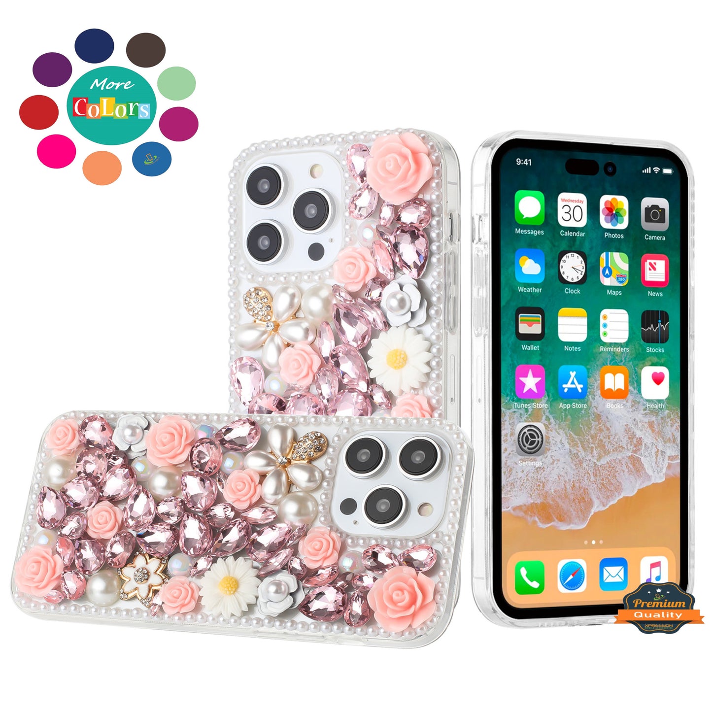 For Apple iPhone 17 Air (6.6") Fashion Rose Flower Floral Bling Crystal 3D Full Diamonds Pearl Sparkle Rhinestone Glitter Hybrid Case Cover