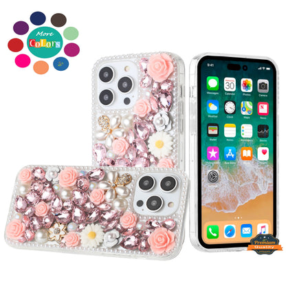 For Apple iPhone 17E /16E Fashion Rose Flower Floral Bling Crystal 3D Full Diamonds Pearl Sparkle Rhinestone Glitter Hybrid Case Cover
