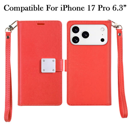 For Apple iPhone 17 Pro (6.3") Wallet Cases PU Leather with Credit Card /ID /Cash Holder Slot Dual Flip Book Pouch, Stand and Strap Case Cover