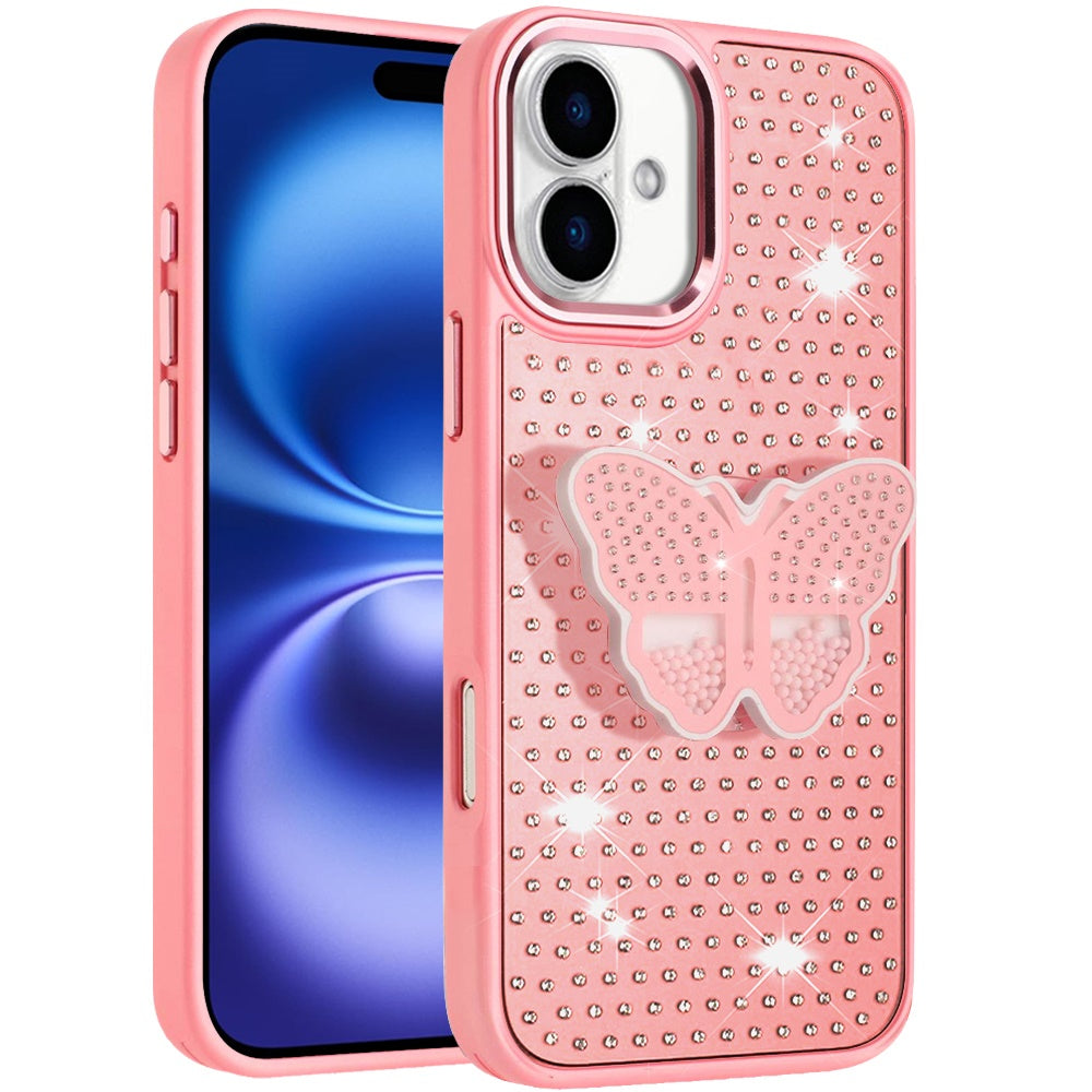 For Apple iPhone 17 (6.3") Butterfly Moveable Grip 3D Pop Stand Full Diamond Bling Sparkling TPU Fashion Hybrid Case Cover