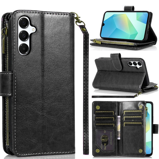 For Samsung Galaxy A16 5G PU Leather Zipper Wallet Case 9 Credit Card Slots Cash Money Pocket Clutch Pouch with Stand & Strap Case Cover Black