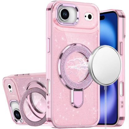 For Apple iPhone 17 Air (6.6") Transparent Glitter Bling Case with Rotating Magnetic Ring Stand, Shockproof Hybrid Case Cover Light Pink