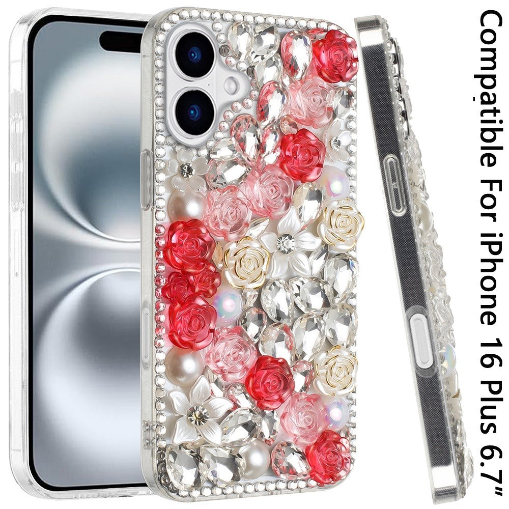 For Apple iPhone 16 Plus (6.7") Fashion Rose Flower Floral Bling Crystal 3D Full Diamonds Pearl Sparkle Rhinestone Glitter Hybrid Case Cover