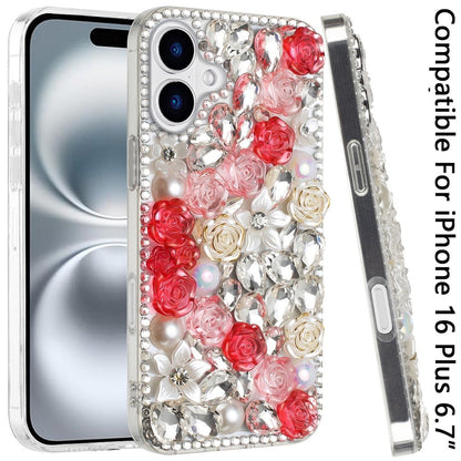 For Apple iPhone 16 Plus (6.7") Fashion Rose Flower Floral Bling Crystal 3D Full Diamonds Pearl Sparkle Rhinestone Glitter Hybrid Case Cover