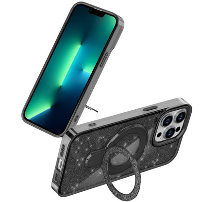 For Apple iPhone 13 Pro Transparent Glitter Bling Case with Rotating Magnetic Ring Stand, Shockproof Hybrid Case Cover