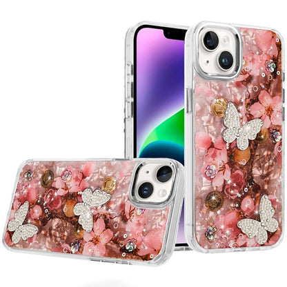 For iPhone 14/13 (6.1") Epoxy Glitter Flowers Bling 3D Butterfly Fashion TPU Hybrid with Shockproof Protection Case Cover Rose Gold