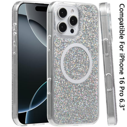 For Apple iPhone 16 Pro (6.3") Transparent Epoxy Glitter Magnetic Circle Compatible with MagSafe Hybrid Bling Sparkle Hard PC Slim TPU Case Cover