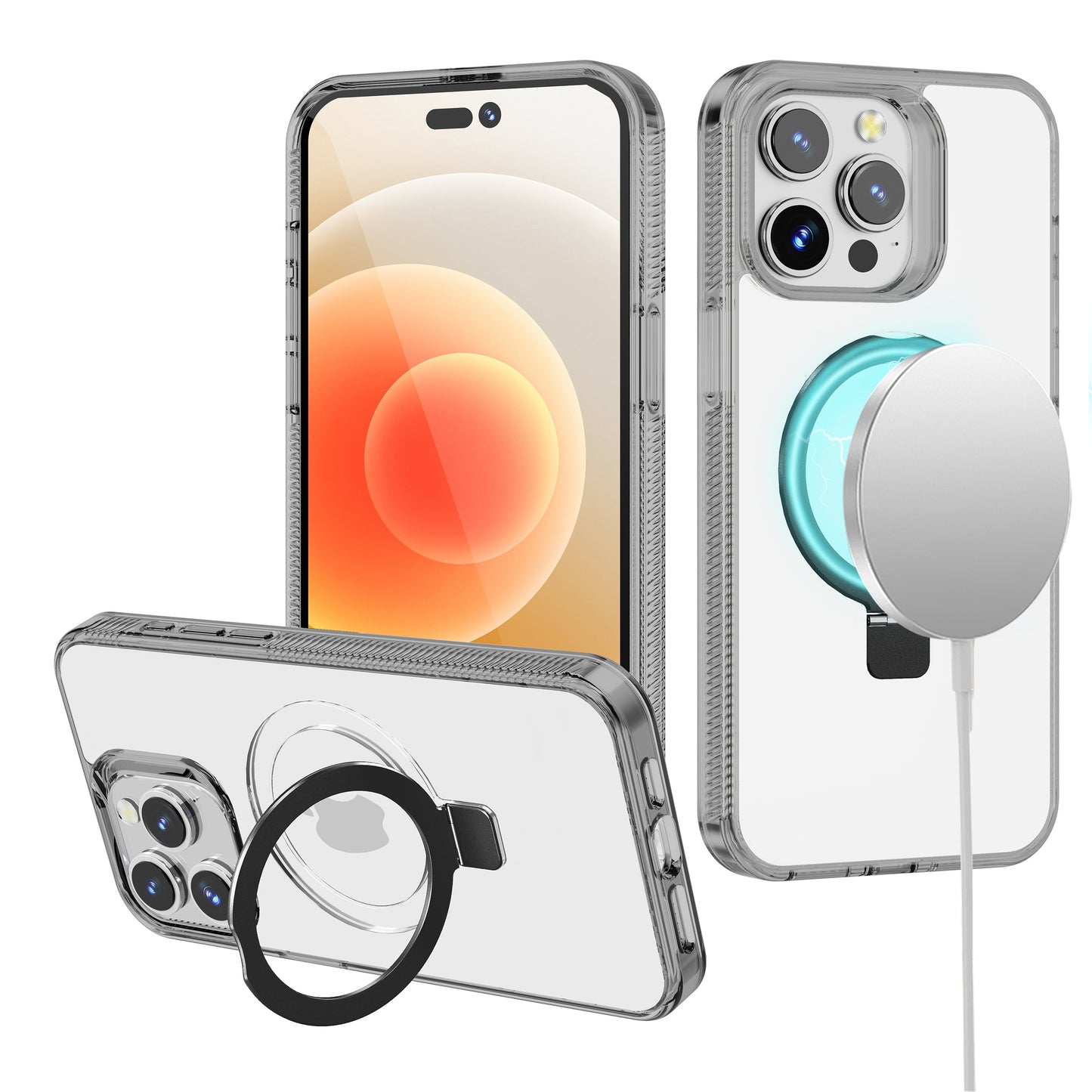 For Apple iPhone 17E /16E Transparent Magnetic Ring Circle Stand with MagSafe Compatible Hybrid Dotted Edged Hard PC Shockproof Case Cover Black