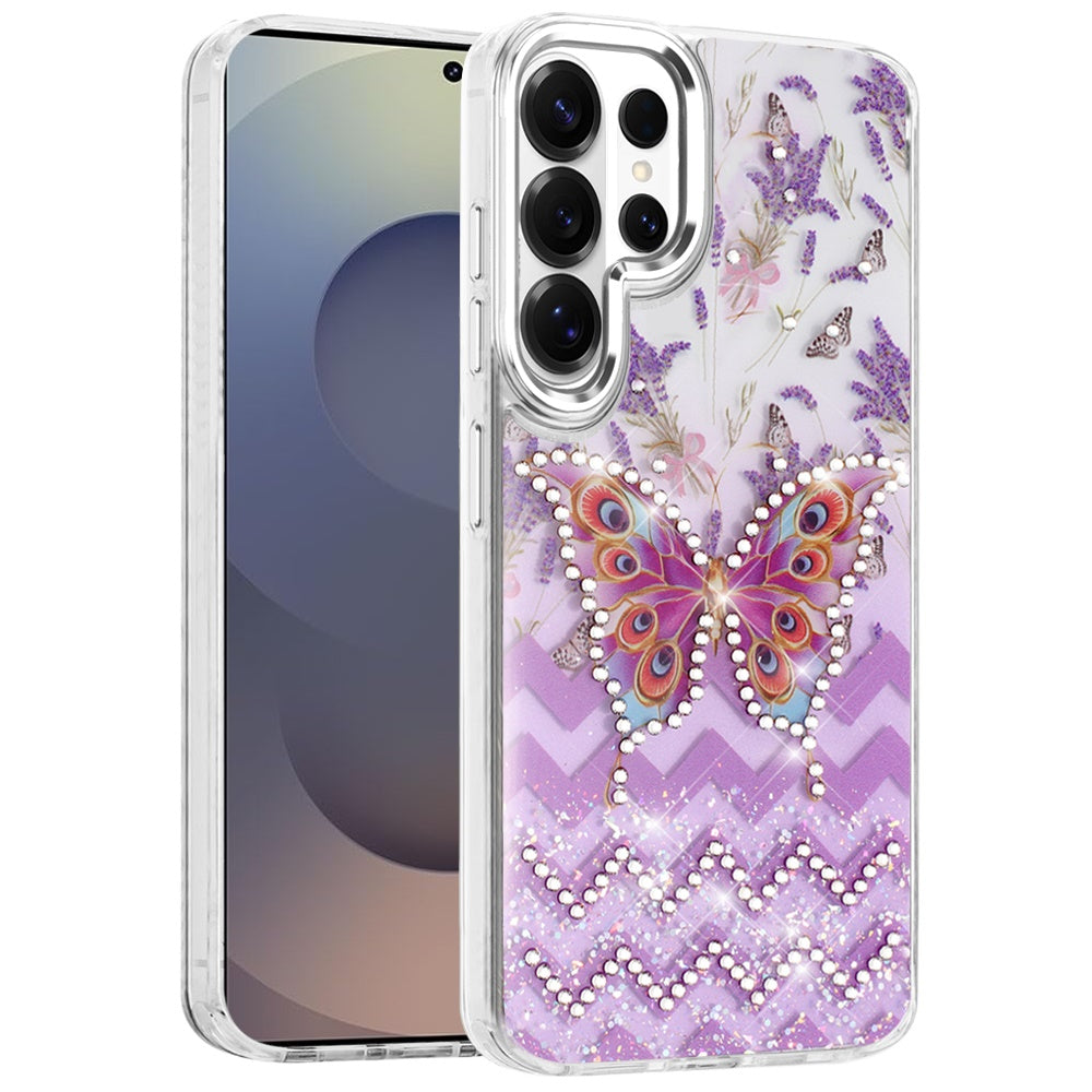 For Samsung Galaxy S26 Ultra Butterfly Resin Epoxy Diamond Design Metal Edged Hybrid Shockproof Heavy Duty Drop Protection Case Cover