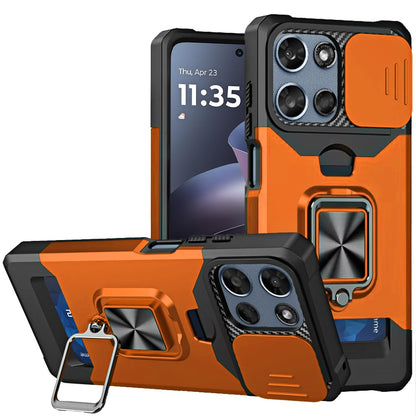 For Motorola Moto G 5G 2026/2025 Wallet Case with Ring Stand & Slide Camera Cover Back Credit Card Slot Holder, Military Grade Case Cover Cosmic Orange