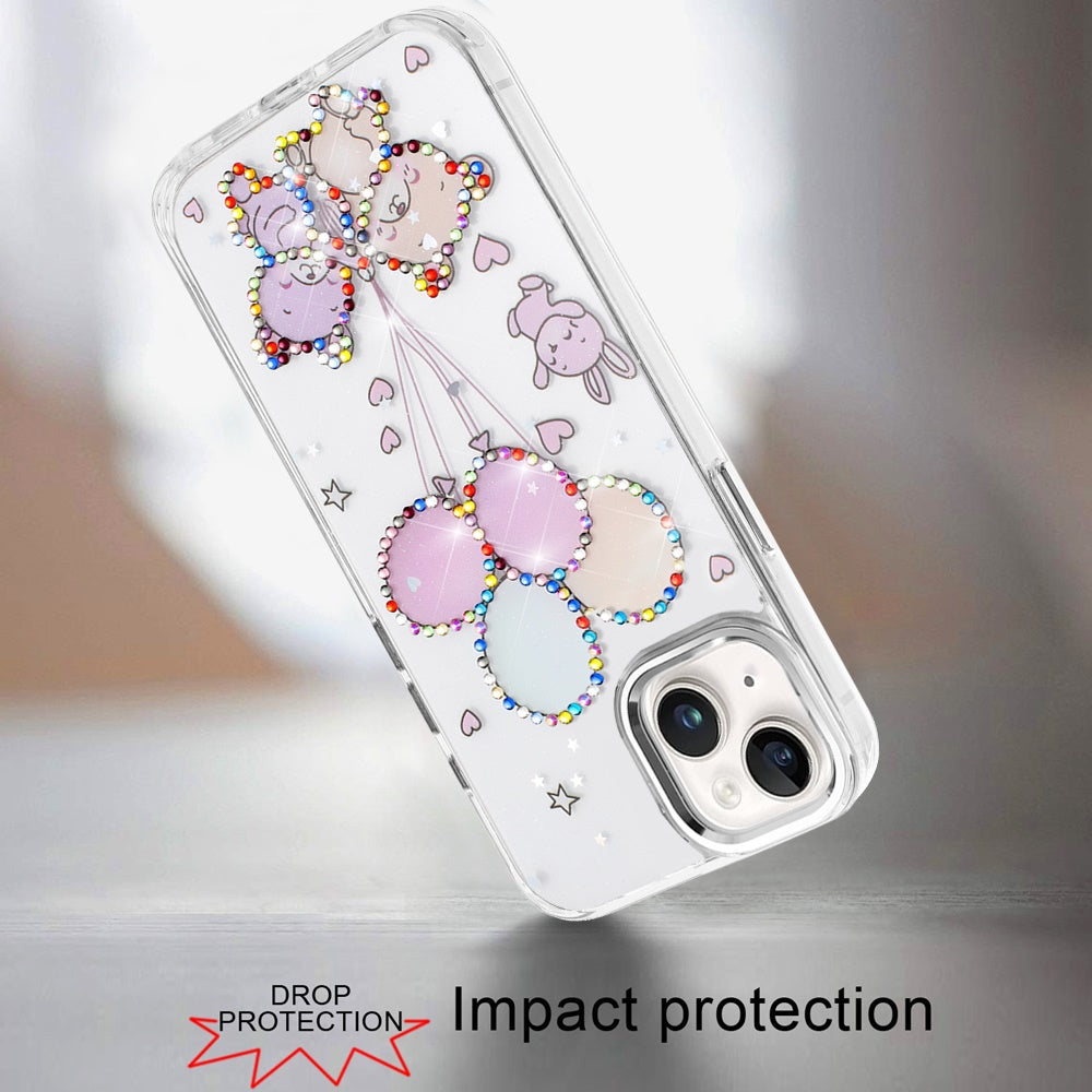 For iPhone 15 (6.1") Butterfly Resin Epoxy Diamond Design Metal Edged Hybrid Shockproof Heavy Duty Drop Protection Case Cover
