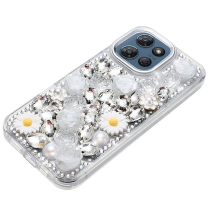 For Motorola Moto G Play 5G 2026 Fashion Daisy Floral Series, Full 3D Bling Crystal Diamonds Sparkling Rhinestone Glitter Hybrid Design Case Cover White
