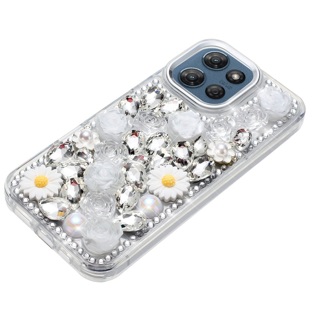 For Motorola Moto G 5G 2026/2025 Fashion Daisy Floral Series, Full 3D Bling Crystal Diamonds Sparkling Rhinestone Glitter Hybrid Design Case Cover White