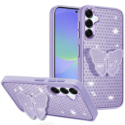 For Samsung Galaxy A36 Butterfly Moveable Grip 3D Pop Stand Full Diamond Bling Sparkling TPU Fashion Hybrid Case Cover