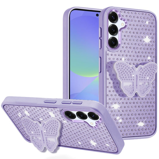 For Samsung Galaxy A36 Butterfly Moveable Grip 3D Pop Stand Full Diamond Bling Sparkling TPU Fashion Hybrid Case Cover
