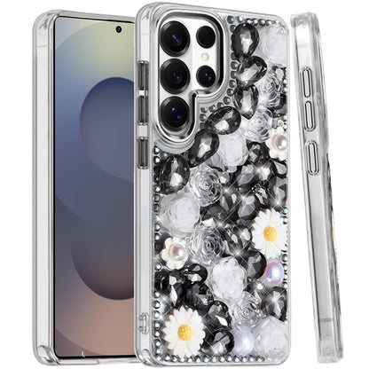 For Samsung Galaxy S25 Ultra Fashion Daisy Floral Series, Full 3D Bling Crystal Diamonds Sparkling Rhinestone Glitter Hybrid Design Case Cover Blue