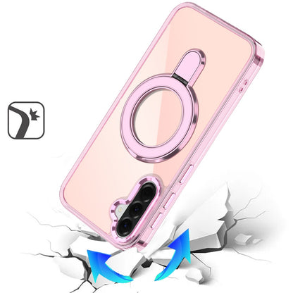 For Samsung Galaxy A37 Chrome Hybrid with Rotating Magnetic Circle Ring Stand, Slim Shockproof Hybrid Case Cover