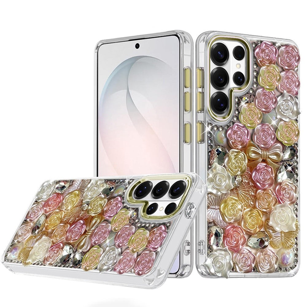 For Samsung Galaxy S26 Ultra Muti-Color Floral Fashion Bling Crystal 3D Full Diamonds Stones Sparkle Rhinestone Glitter Hybrid Case Cover