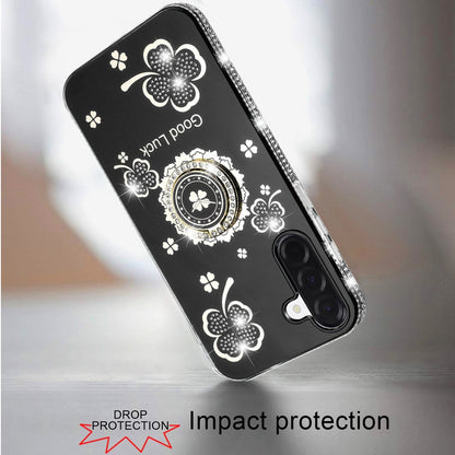 For Samsung Galaxy S25 Fan Edition /Galaxy S25 FE Diamonds Bling All Around Edges Sparkly Glitter Hybrid with Ring Stand Holder Fashion Good Luck Case Cover Black