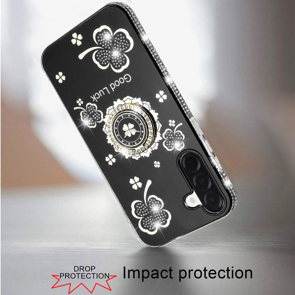For Samsung Galaxy A17 5G Diamonds Bling All Around Edges Sparkly Glitter Hybrid with Ring Stand Holder Fashion Good Luck Case Cover Cosmic Orange