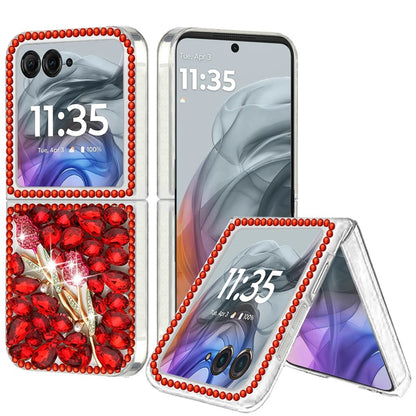 For Motorola Razr 2025 /2024 Bling Crystal 3D Full Diamonds Luxury Sparkle Rhinestone Hybrid Case Cover Red Exquisite Garden Flower