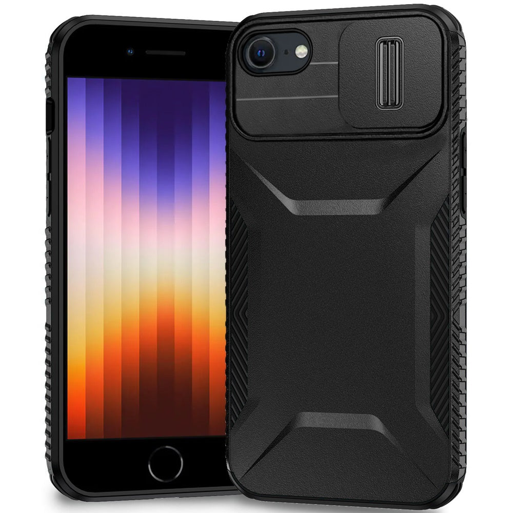 For Apple iPhone SE 3 (2022) SE/8/7 Slim Fit Shockproof Hybrid with Slide Camera Window Covering, Rugged Tpu Silicone Hard PC Bumper Case Cover