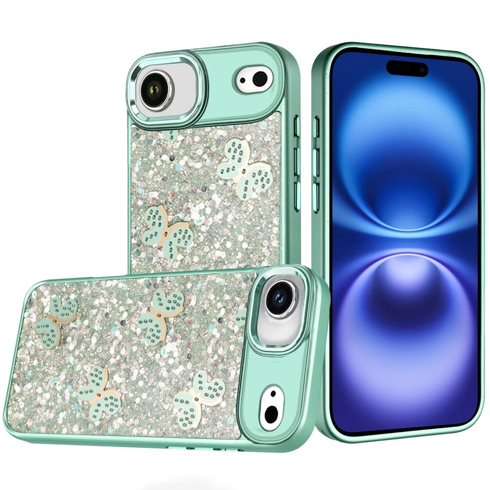 For Apple iPhone 17 Air (6.6") Cute Butterfly Crystal Diamond Glitter Case Sparkle Bling Frame Metallic Edges, Shimmer TPU Hybrid Case Cover