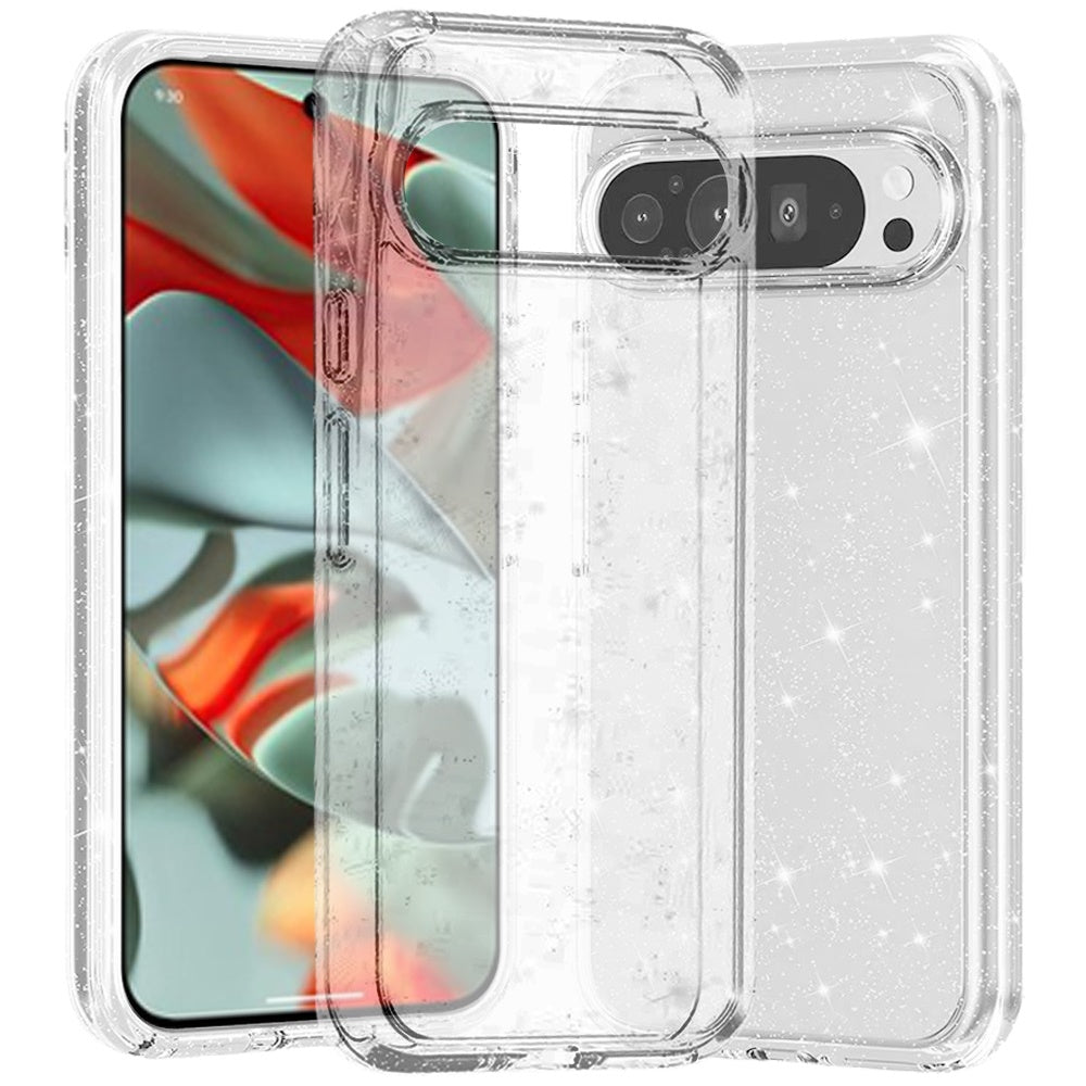 For Google Pixel 9 Pro XL (6.8") Transparent Crystal Glitter Shiny Sparkle Bling TPU Rubber Hard PC Back Hybrid Armor Frame Case Cover Clear
