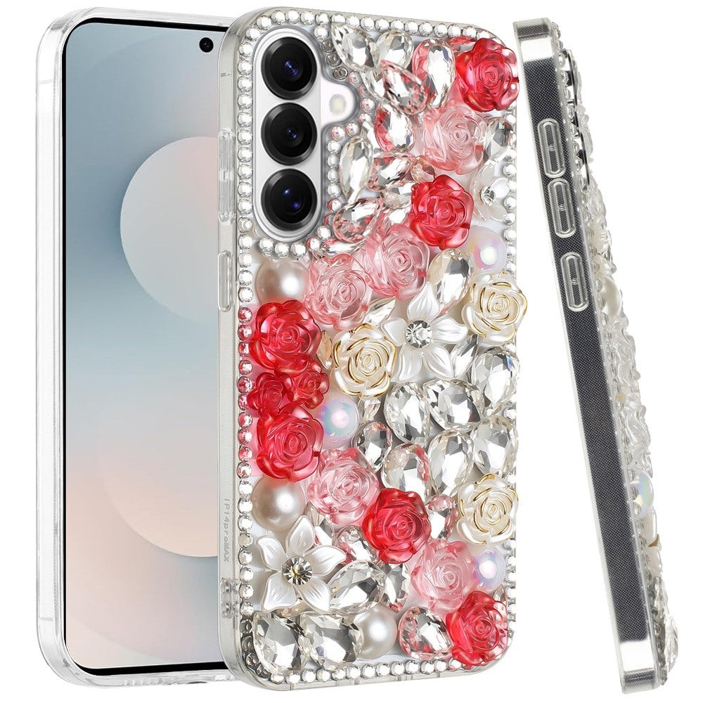 For Samsung Galaxy S26+ / S26 Plus Fashion Rose Flower Floral, 3D Bling Crystal Full Diamonds Pearl Sparkle Rhinestone Glitter Hybrid Case Cover