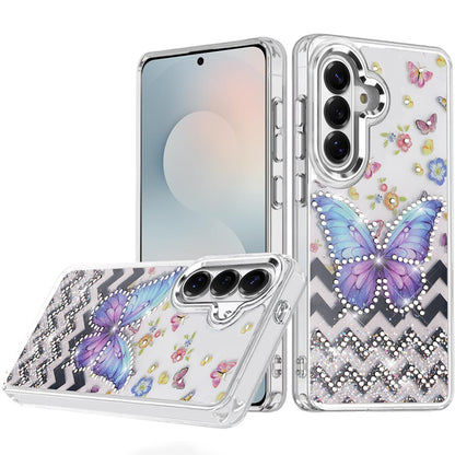 For Samsung Galaxy S25 FE /S25 Fan Edition Butterfly Resin Epoxy Diamond Design Metal Edged Hybrid Shockproof Heavy Duty Drop Protection Case Cover