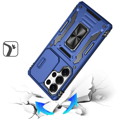 For Samsung Galaxy S26 Ultra Tough Hybrid Case with Movable Camera Window & Metal Ring Stand Shockproof Case Cover