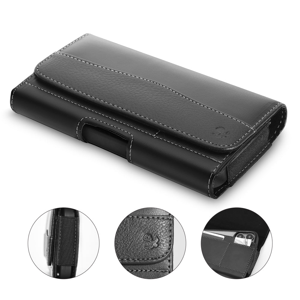 For Apple iPhone 16 Pro (6.3") Universal Horizontal CellPhone Case Smooth Leather Pouch Flap Holster Carrying Case with Dual Card Slots & Belt Clip Loop Cover [Black]