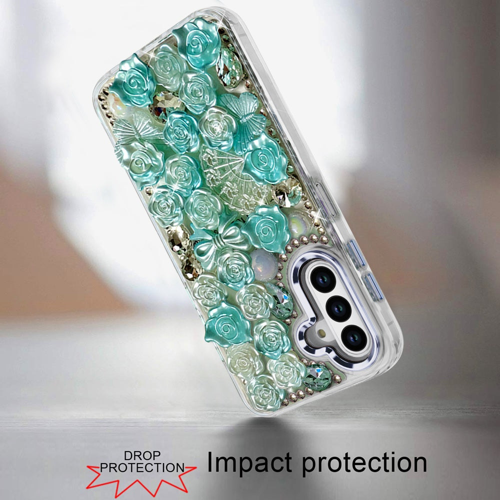 For Samsung Galaxy A16 5G Muti-Color Floral Fashion Bling Crystal 3D Full Diamonds Stones Sparkle Rhinestone Glitter Hybrid Case Cover