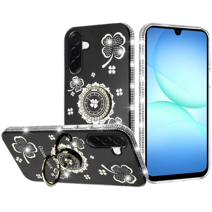 For Samsung Galaxy A17 5G Diamonds Bling All Around Edges Sparkly Glitter Hybrid with Ring Stand Holder Fashion Good Luck Case Cover Cosmic Orange