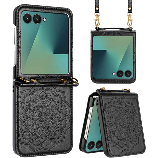 For Samsung Galaxy Z Flip 7 FE Embossed Floral PU Leather Henna Mandala Design Flip Cover with Strap, Hybrid Protective Case Cover Black