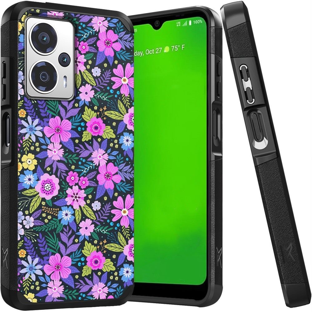 For Cricket Outlast 5G (2024) Slim Tough Strong Protection Shock Absorption Hybrid Dual Layer Hard PC + TPU Rubber Silicone Armor Case Cover Mystical Floral Boom