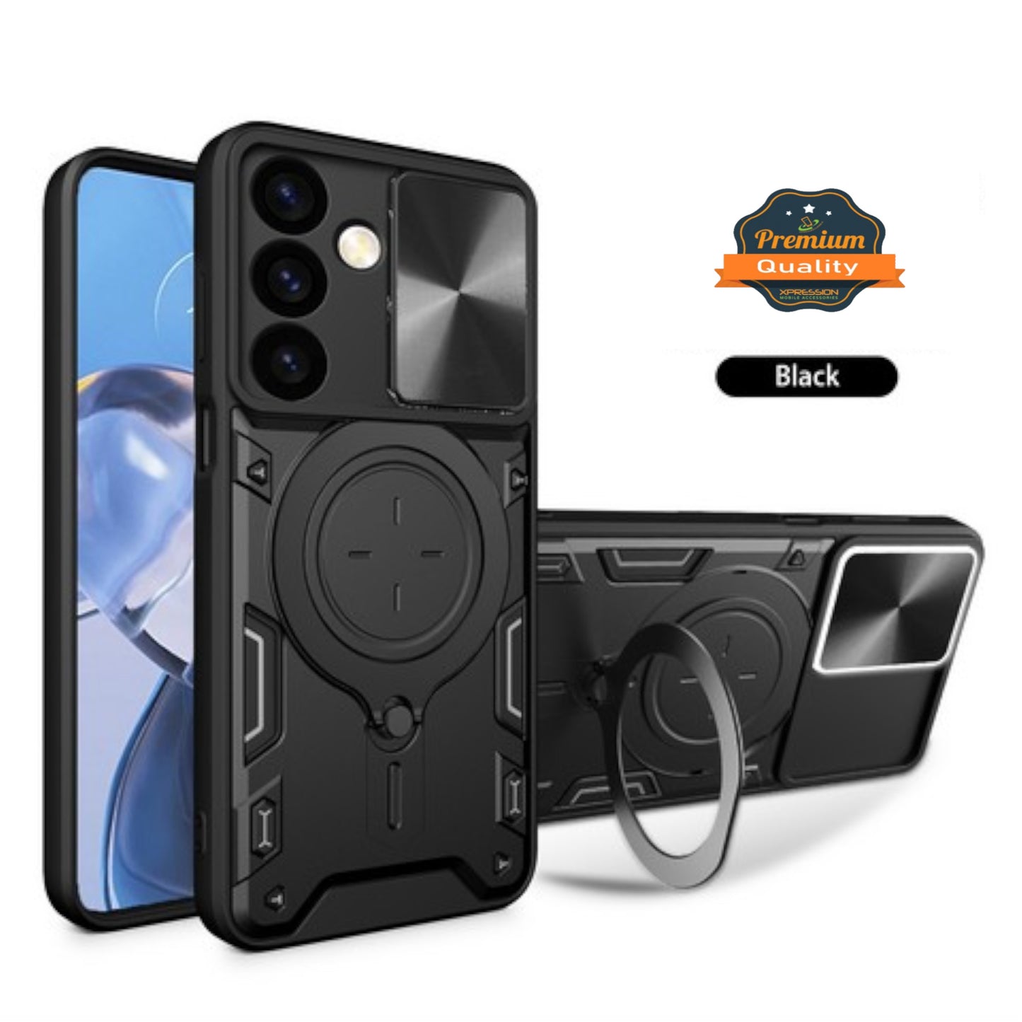 For Samsung Galaxy S25 Fan Edition /Galaxy S25 FE Hybrid Shockproof with Magnetic Ring Stand, Compatible with Magsafe & Sliding Camera Lens Protector Case Cover