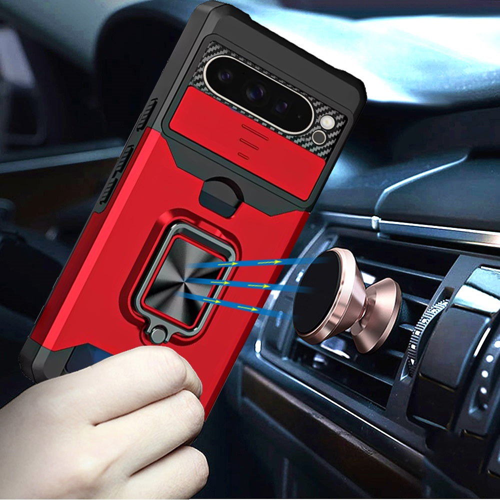 For Google Pixel 9 Pro XL Wallet Case with Ring Stand & Slide Camera Cover Back Credit Card Slot Holder, Military Grade Case Cover