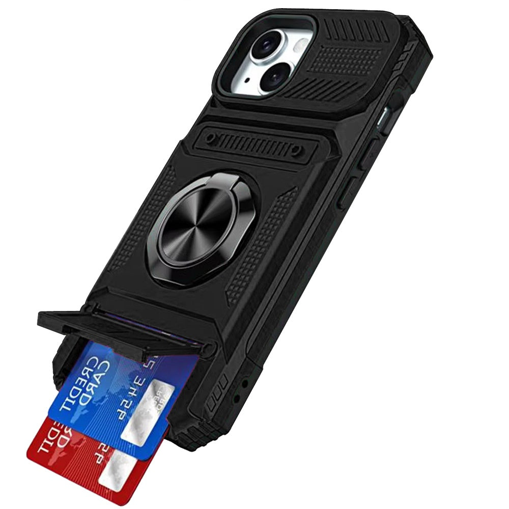 Phone Case for iPhone 15 (6.1") Multi Functional Card Slot Shockproof Metal Ring Hybrid Wallet Rugged Protective Grip Heavy Duty Durable Cover Black