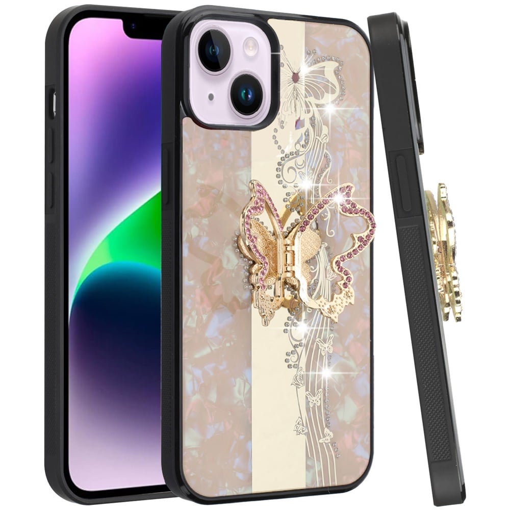 For iPhone 14/13 (6.1") Diamonds 3D Butterfly Bling Sparkly Glitter Ornaments Engraving Hybrid Metal Fashion Case Cover Good Luck Floral Cosmic Orange
