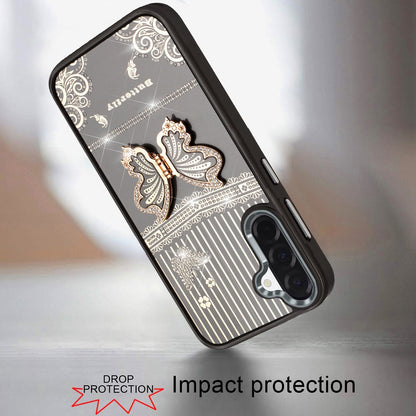 For Samsung Galaxy A37 Glitter 3D Butterfly Design Bling Metallic Edge Hybrid Stand Drop Protection TPU Shockproof Case Cover
