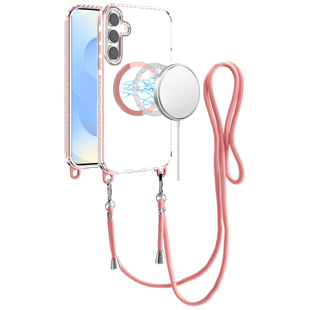 For Samsung Galaxy S25 /S24 Clear Magnetic Frame PC Back Shockproof Protective Case with Detachable Lanyard Strap, Compatible with MagSafe Case Cover